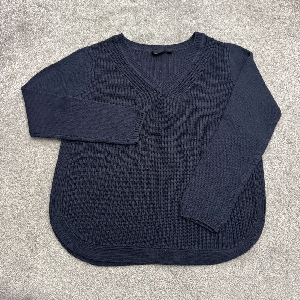 RD Style Ribbed V-Neck Cotton Blend Sweater Women Large Navy Blue Curved Hem